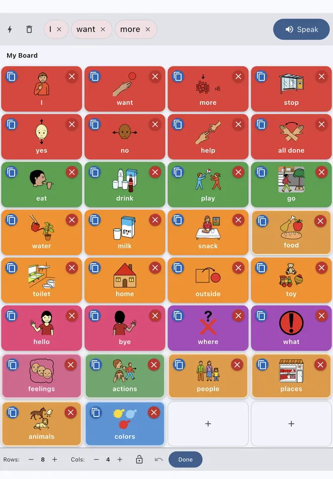 Edit mode — toolbar, grid, and pictogram search