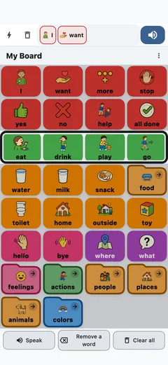 Switch scanning on a phone: one row of buttons is highlighted