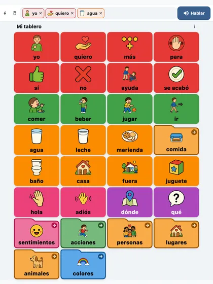 Sanoo en una tableta: botones con imágenes codificados por color y una frase lista para decir